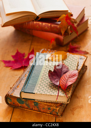 Autumn leaves on books, studio shot Stock Photo