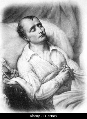 Portrait of Emperor Napoleon Bonaparte on his Death Bed, c19th Engraving or Illustration Stock Photo