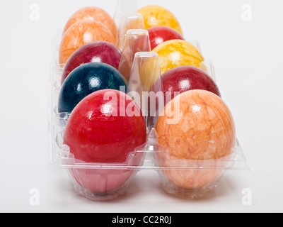 ten colored hen's eggs in a plastic packing Stock Photo