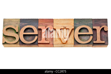 server - internet data concept - isolated text in vintage wood letterpress type, stained by color inks Stock Photo