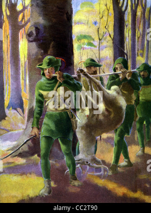 Legendary outlaw Robin Hood and his men lived in Sherwood Forest in Nottinghamshire and robbed the rich to help the poor. Stock Photo