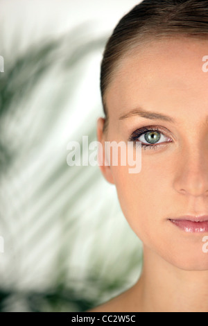 half face of blonde with plastered hair Stock Photo