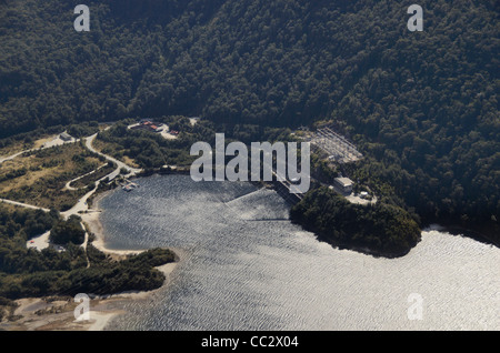 Aerial view of Manapouri Power Station hydroelectric power station Lake Manapouri Fiordland National Park New Zealand. Stock Photo