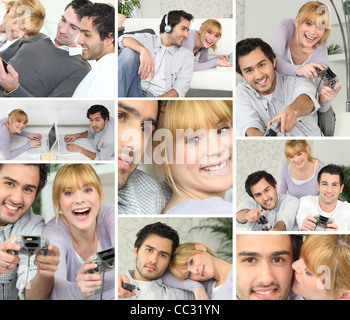 Montage of friends playing computer games Stock Photo