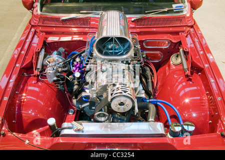 High performance supercharged V8 modified and custom car engine. Stock Photo