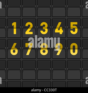 Airport Dashboard with Flipping Numbers - Yellow Flipping board with numbers on dark grey background Stock Photo