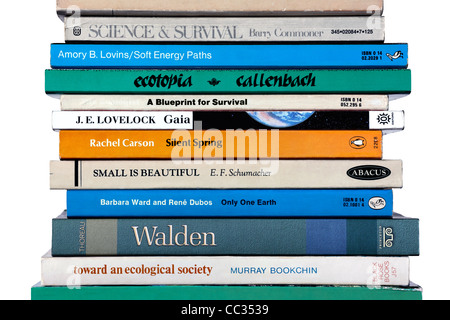 A selection of books on environmental issues, including some historic titles that have influenced the green movement. Stock Photo