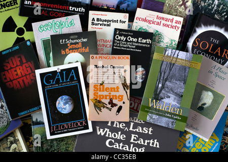 A selection of books on environmental issues, including some historic titles that have influenced the green movement. Stock Photo