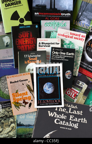 A selection of books on environmental issues, including some historic titles that have influenced the green movement. Stock Photo