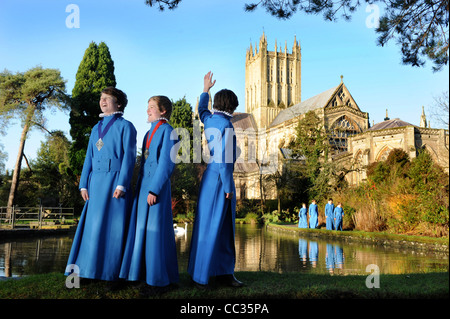 Boy choristers from the Wells Cathedral Choir in Somerset UK during a break from rehearsals for Christmas carol services by 'The Stock Photo