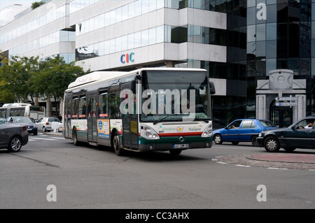 A bus powered by Compressed natural gas (GNG) operated by Transpole makes its way through the streets of Lille, France. Stock Photo