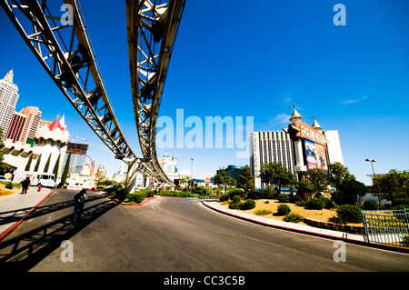Monorail from Luxor Hotel passing Excaliber to Tropicana and MGM Grand Stock Photo