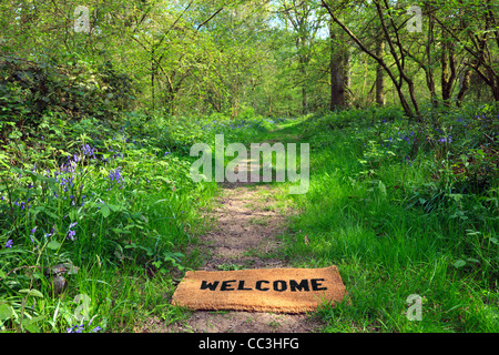 Concept photo of a Welcome doormat on a woodland footpath during springtime in horizontal format. Stock Photo