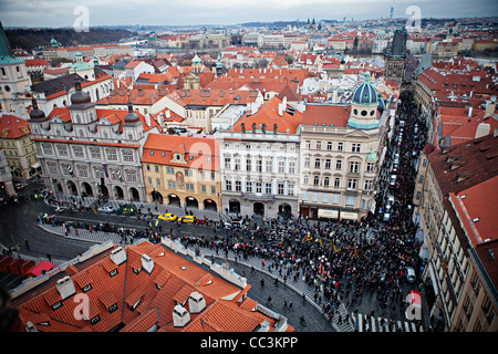 People follow funeral car with remains of Vaclav Havel, the first president of Czech Republic and the last president of Stock Photo