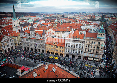 People follow funeral car with remains of Vaclav Havel, the first president of Czech Republic and the last president of Stock Photo