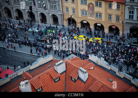 People follow funeral car with remains of Vaclav Havel, the first president of Czech Republic and the last president of Stock Photo