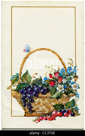 USSR - CIRCA 1989: Postcard printed in the USSR shows basket with berries, artist L Alisova, circa 1989 Stock Photo