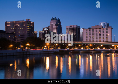 USA, Florida, Orlando, skyline from Lake Lucerne, dusk Stock Photo