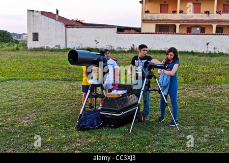 Goup of Hobby Astronomist waiting for a Solar Eclipse in Liternum, Giugliano, Naples, Italy Stock Photo