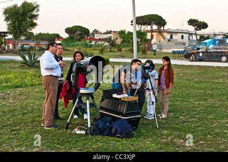 Goup of Hobby Astronomist waiting for a Solar Eclipse in Liternum, Giugliano, Naples, Italy Stock Photo