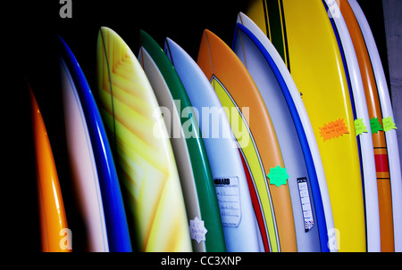 A row of surfboards on sale in a surf shop, Swansea, UK