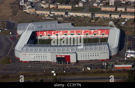 Aerial view of Parc y Scarlets rugby stadium, Parc Trostre, Llanelli, South Wales, UK. Home of the Llanelli Scarlets rugby team. Stock Photo