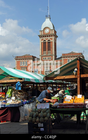 Chesterfield market square with Market hall in background Derbyshire East Midlands England Stock Photo