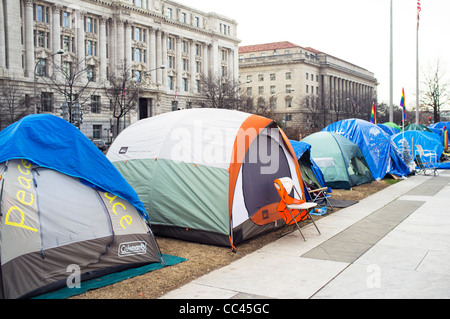 The Occupy Washington DC protest is set up on Freedom Plaza, many of the tents are unoccupied during the week.