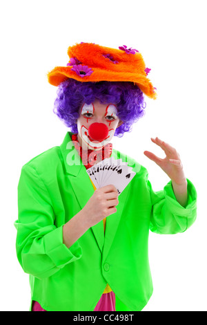 Girl Clown and magical cards over white background Stock Photo