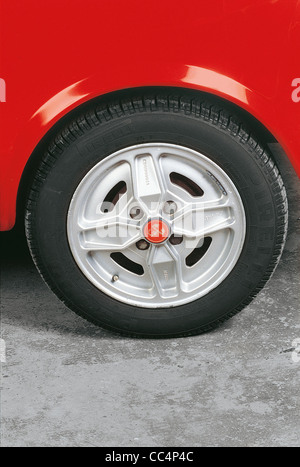 Cars Twentieth Century Italy. Auto Autobianchi A112 Abarth 58 Hp. Year 1974. Detail Of The Rear Wheel With Alloy Rim Stock Photo