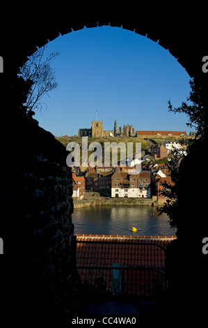 View of St Marys Church and the Abbey from West Cliff Whitby Harbour North Yorkshire England UK United Kingdom GB Great Britain Stock Photo