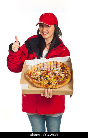 Successful delivery worker woman giving thumb up and showing big pizza ,selective focus on pizza,isolated on white background Stock Photo