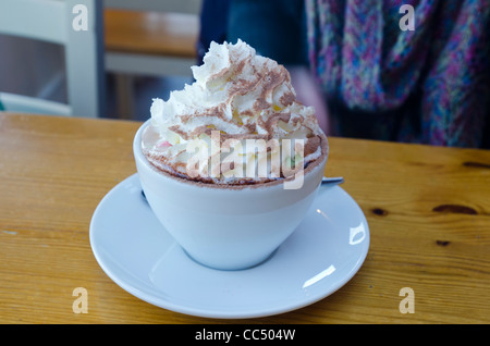 A large cup of hot chocolate, with whipped cream, marshmallows and cocoa dusting Stock Photo