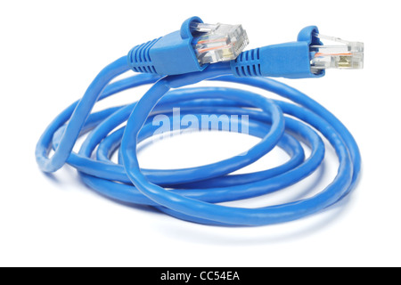 Close Up of Blue Network Cable and Plugs on White Background Stock Photo