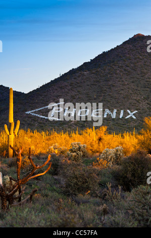 The iconic 'Phoenix' sign at the top of Usery Pass in East Mesa, Arizona. Stock Photo