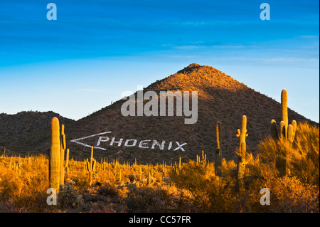 The iconic 'Phoenix' sign at the top of Usery Pass in East Mesa, Arizona. Stock Photo