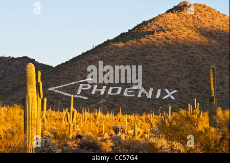 The iconic 'Phoenix' sign at the top of Usery Pass in East Mesa, Arizona. Stock Photo