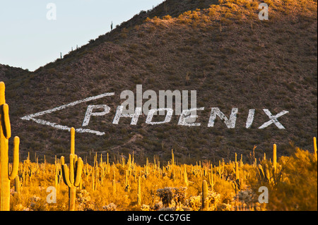 The iconic 'Phoenix' sign at the top of Usery Pass in East Mesa, Arizona. Stock Photo