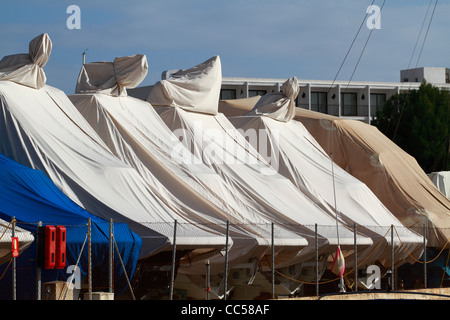 Boat storage facility. Santa Eulalia harbor, Ibiza, Spain Stock Photo