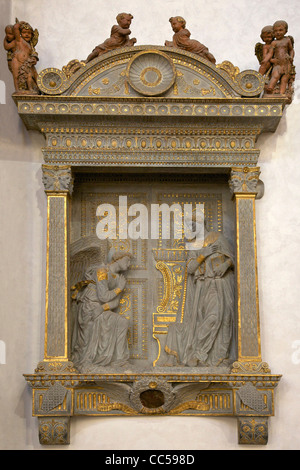 Annunciation Cavalcanti Sculpture, by Donatello, in pietra serena stone, circa 1435, Basilica of Santa Croce, Florence, Tuscany, Stock Photo