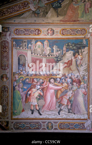 Ascent to Calvary fresco, perhaps by Spinello Aretino, Sacristy,  Rinuccini Chapel, Basilica of Santa Croce, Florence, Tuscany, Stock Photo