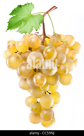 Yellow grape with green leaf isolated on white background Stock Photo