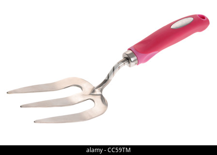 Small pink gardening fork on a white background Stock Photo