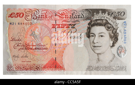 Fifty pound note, £50 note, English fifty pound note on white background Stock Photo