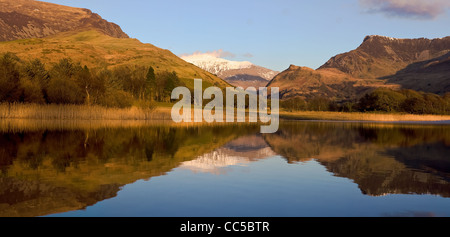 A late afternoon panorama in Snowdonia from Nantle lake, Snowdonia, Wales, with Snowdon reflecting in the water Stock Photo