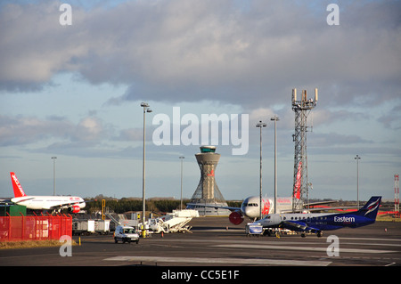 Aircraft on tarmac at Newcastle International Airport, Newcastle upon Tyne, Tyne and Wear, England, United Kingdom Stock Photo