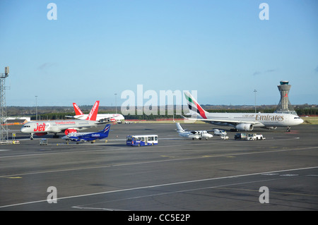 Aircraft on tarmac at Newcastle International Airport, Newcastle upon Tyne, Tyne and Wear, England, United Kingdom Stock Photo