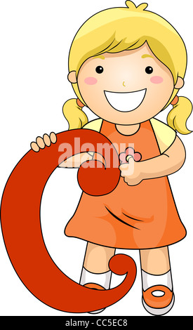 Illustration of a Kid Standing Behind a Letter C Stock Photo