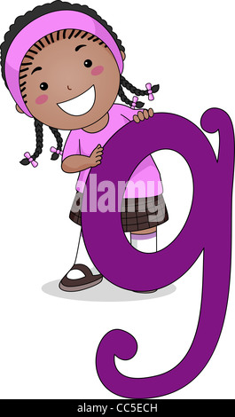 Illustration of a Kid Standing Behind a Letter G Stock Photo