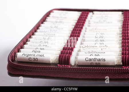 midwifes equipment. many homeopathic globule ordered by name. No product names, just common names of homeopathic medicine Stock Photo
